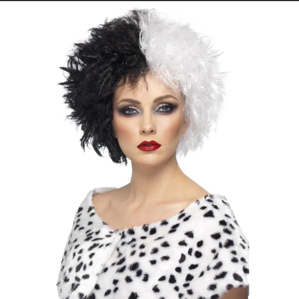 Cruella Diva Halloween Black White Wig Disney Dalamations Costume
